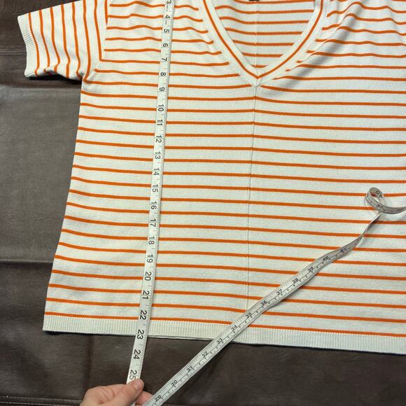 Ann Taylor Orange White Striped V-Neck Sweater Top Size‎ S SP22 Short Sleeve - Picture 14 of 15